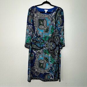 Chico’s Blue Paisley Stretch Shift Midi Long Sleeve Dress Women’s Size XL - 3